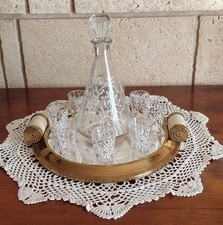  Service à liqueur Art Déco - 8  Verres avec Plateau Miroir et Anses en Bois 