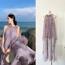 Femme Colorant Maille sans Manche Robe Plage Faux Deux Épaule Tombante Dos Nu