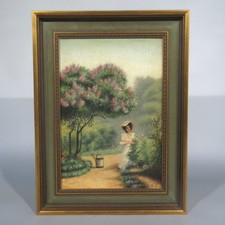 Vintage French Oil Painting, Woman in a Garden, Roses, Flowers, Trees, Signed