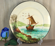 Antique French Hand Painted Wall Plate Creil and Montereau Ironstone Ship c1890