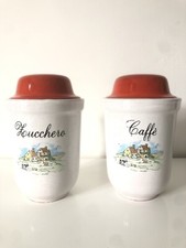 2 pots à épices de cuisine anciens Café et Sucre vintage couvercle rouge