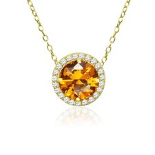 Rond Halo Simulé Citrine & Zircone Collier En Plaqué or Argent Sterling