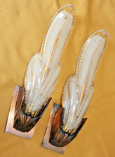 2 Appliques Palmes Art Déco Verre Granité et Cuivre de Style Ezan.