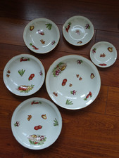 SERIE DE 6 ANCIENS PLATS CREUX EMPILABLE PORCELAINE PL MEHUN LEGUMES POTAGER