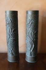 2 anciennes douilles obus laiton poilu ART DE TRANCHEE GUERRE 14-18 WW1 vase