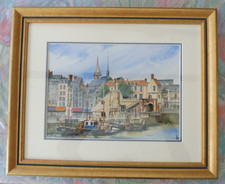 TABLEAU MARINE HONFLEUR PORT LA CAPITAINERIE AQUARELLE JP. BEROARD 98 SOUS VERRE