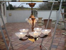 Ancien Lustre art déco 7 lumières coupelles cristal signé EZAN - (Petitot)