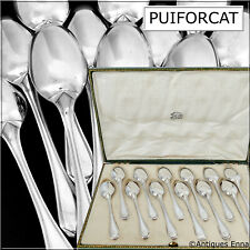 Puiforcat Rare French Sterling Silver Dessert Spoons Set 12 Pc, Box, Art Deco