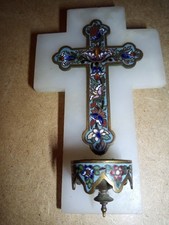 ancien bénitier cloisonné   -  marbre +  bronze