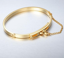 Ancien bracelet manchette en or jaune 18 carats en 7,5" avec chaîne de sécurité