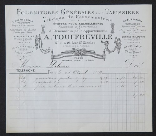 Facture 1889 paris - 1889, fourniture