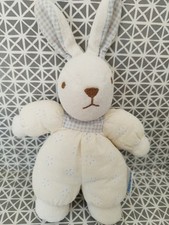 Doudou peluche lapin blanc écru fleurs bleues  Nounours 25 cm