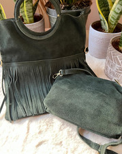 Sac shopper c/ franges fille en daim vert pochettes - bandoulière