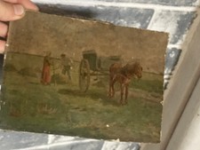 Ancien petit tableau scène champ cheval charette 18 ou 19ème ? peinture