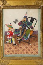 ANCIEN TABLEAU PEINTURE PAPIER DE RIZ CHINOIS PERSONNAGES DE COUR CADRE CHINE