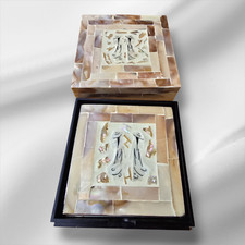 Vintage Set of 6 Coasters Decorated with Asian Theme MOP in Matching Box Case
