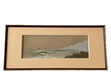Tableau Ancien Peinture Aquarelle Étude Vue Horizon Bord de Mer Vagues Voiliers