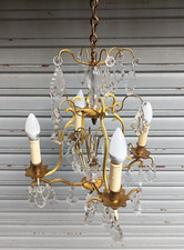 Rare ancien lustre cage en bronze doré et cristal 4 feux / ETAT DE MARCHE GAU ?