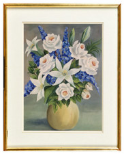 SUPERBE AQUARELLE NATURE MORTE BOUQUET DE FLEURS  (92)