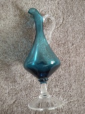 Vintage MCM 12" Tall Cobalt Blue Glass Pitcher Stem Foot Clear Glass Handle 