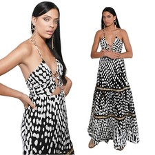 Robe Longue Noire Blanche À Imprimé Animal Sexy Décolleté Évasée Boho Neuve