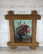 ? Ancien Cadre En Bois Vintage Peinture Morte Bouquet De Rose Pot Fleur Signé