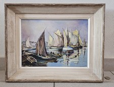 Ancien Tableau Peinture Huile Marine Bateaux Signé MARYVONNE Encadré Mer