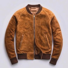 Veste en cuir pur daim marron pour hommes | Blouson bomber en cuir...