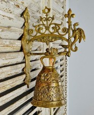 Magnifique cloche de porte ancienne style gothique français en laiton avec clapet, XIXème