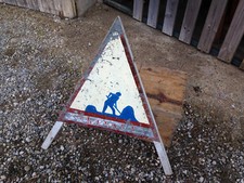 Ancien panneau de signalisation TRAVAUX en bois zinc vintage déco atelier usine