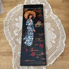 Tableau En Bois Laqué Femme Asiatique Incrustation De Nacre 12x34 Vintage