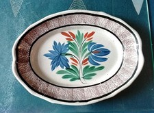 Ancien Plat En Terre  Vernissee De Rouen Cul Noir Décor  Fleurs