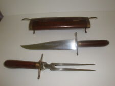 Vintage Carved Wood and Brass Knife and Fork Carving Set 3 Piece Impressive!!