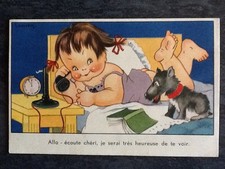 CP ILLUSTREE SIGNEE GOUGEON PETITE FILLE AU TELEPHONE CHIEN LIT - 66850