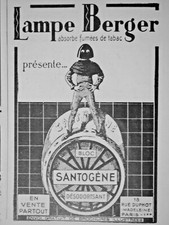 PUBLICITÉ 1937 LA LAMPE BERGER BLOC SANTOGÈNE DÉSODORISANT ABSORBE FUMÉE TABAC