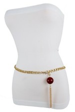 Femme Métal Or Chaîne Étroit Taille Ceinture Mode Gland Rouge Balle Charm Xs S M