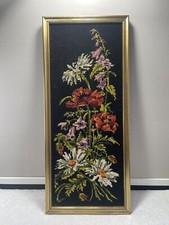 Ancien Tableau Canevas Vintage Bouquet de Fleurs des Champs Broderie