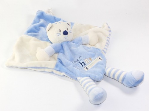 Doudou plat chat - bleu, blanc