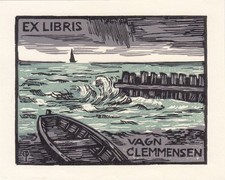Exlibris Livre D'Art Linogravure Edmund Peter 1887-1992 Paysage Fluvial Bateaux