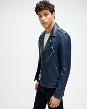 Blouson motard en cuir bleu