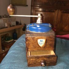 Rare ANCIEN MOULIN À CAFÉ EN BOIS ET FER BLEU  "PEUGEOT FRÈRES "