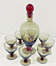 Service à liqueur Vintage en verre fumé et rouge - Années 70 - Excellent état