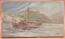 Peinture à l'huile sur toile 1952 - Côte Marine Bateau - Toussaint