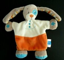 37. DOUDOU PLAT TEX BABY LAPIN CHIEN ORANGE BLEU BLANC COCARD BOUTONS ETAT NEUF*