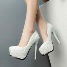 Chaussures Éscarpins 12 CM Blanc Strass Plateau 4 Confort Cuir Synthetique 7045