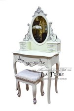 Coiffeuse Miroir Pouf Style Baroque Ballerine Blanche Et Argent Na4