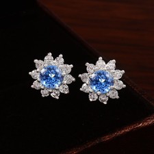 Fin Qualité Aigue-Marine Rond 6x6 MM, 925 Argent Boucles D'Oreilles, Confection