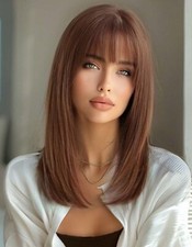 Perruque Synthétique Brun Clair Courte A Frange 35cm +4 Bonnet