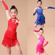 Enfant Fille Danse Latine Robe Tenue de Salsa Gland Sequins Maille Dos-Nu Scène