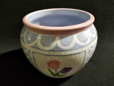 5" Ceramic Crackle Surface Blue Flower Pot with Pink & Purple Tulip Motif New